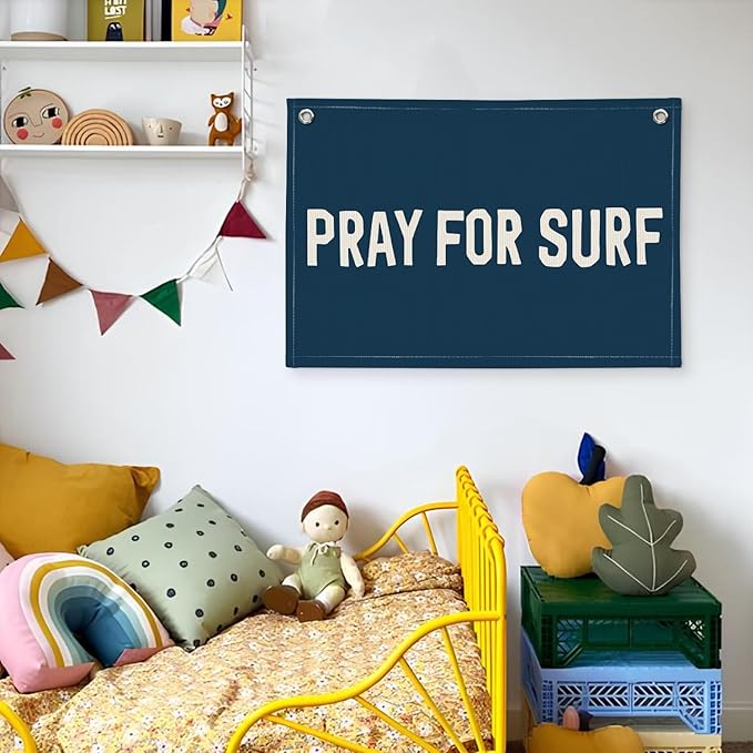 Surf Decor, Coastal Beach Room Decor Aesthetic, Linen Banner Wall Hanging Canvas Banner Flag Decor for Coastal Surfer Room Bedroom Beach - Navy Blue