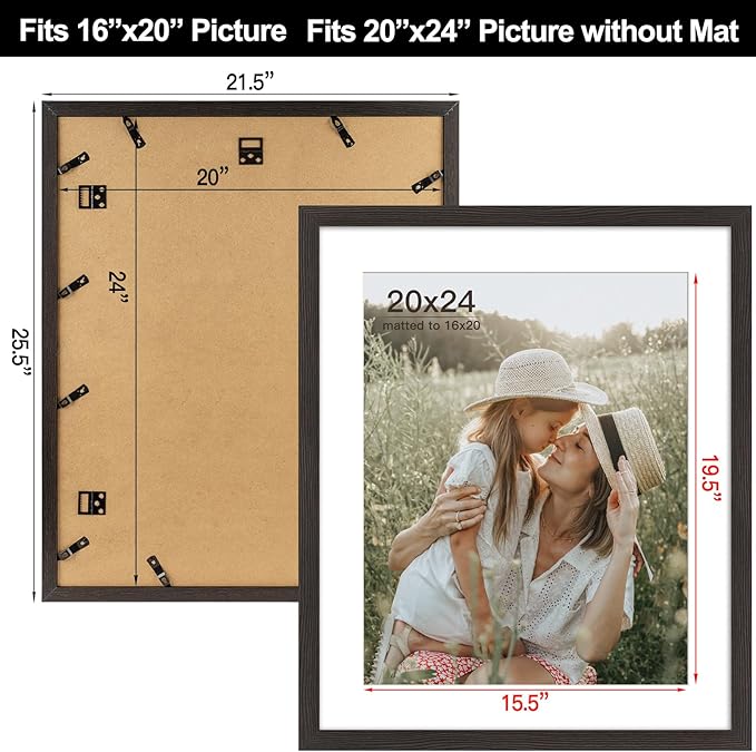 20x24 Picture Frame with Mat for 16x20 Set of 3, Distressed Black Wood Grain 20x24 Frame for Wall Mounting (3 Pack, Black)