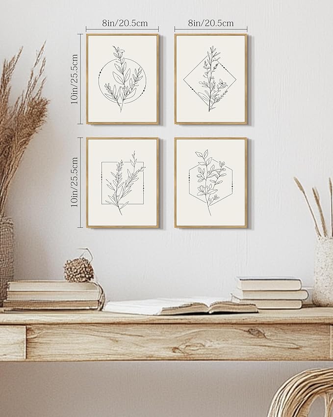 Drsoum Botanical Flower Boho Framed Wall Art Wooded Minimalist Aesthetic Floral Prints Farmhouse Retro Plants Rustic Bathroom Kitchen Home Decor Ready to Hang 8x10inx4pcs (Natural Framed)