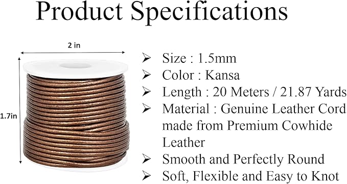 GENIQUE Real/Genuine Round Leather String Cord for Necklace, Bracelets, Jewelry, Kumihimo Braiding, DIY Projects (20 Metres) (1.5mm, Kansa)
