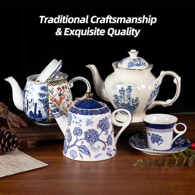 Tea Set for Adults Ceramic Tea Pots and Tea Cup Set, Royal Blue Tea Cups and Saucers Set for Afternoon Tea, Party, Home, Office, Porcelain Chinese Gong Fu Tea Set with Gold Rim (Navy Gold Seal)