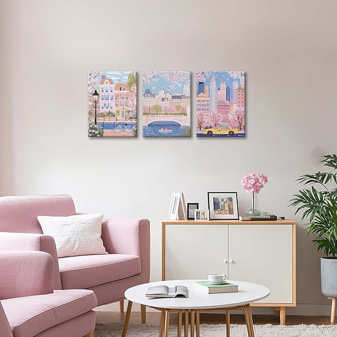 XLARTMY Watercolor City Landscape Travel Wall Art Canvas Framed Pink Cherry Flower Poster Girly Prints Painting Pictures Set of 3 for Bedroom Living Room Office 12x16in