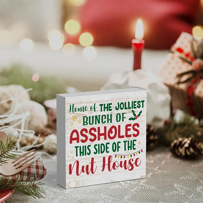 National Lampoon's Christmas Vacation Decor Home of the Jolliest Wood Box Sign, Farmhouse Christmas Santa Artwork Decor, Wood Square Sign Desk Block Signs Home Shelf Office Decoration 5 x 5 Inches