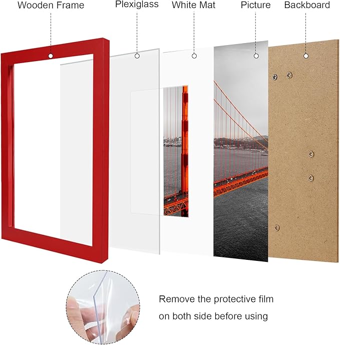 11x14 Picture Frame Set of 9, Photo Gallery Wall Frame Set, Display Pictures 8x10 with Mat or 11 x 14 Without Mat, Multi Photo Frames for Wall Mounting or Table Top Display, Red