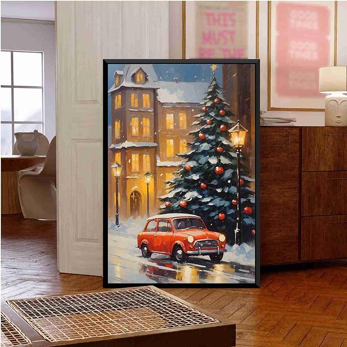 Framed Canvas Wall Art Snowy Christmas tree and red car art print Christmas in the city classic timeless red car snow cosy winters day 16x24in Metal blackFramed