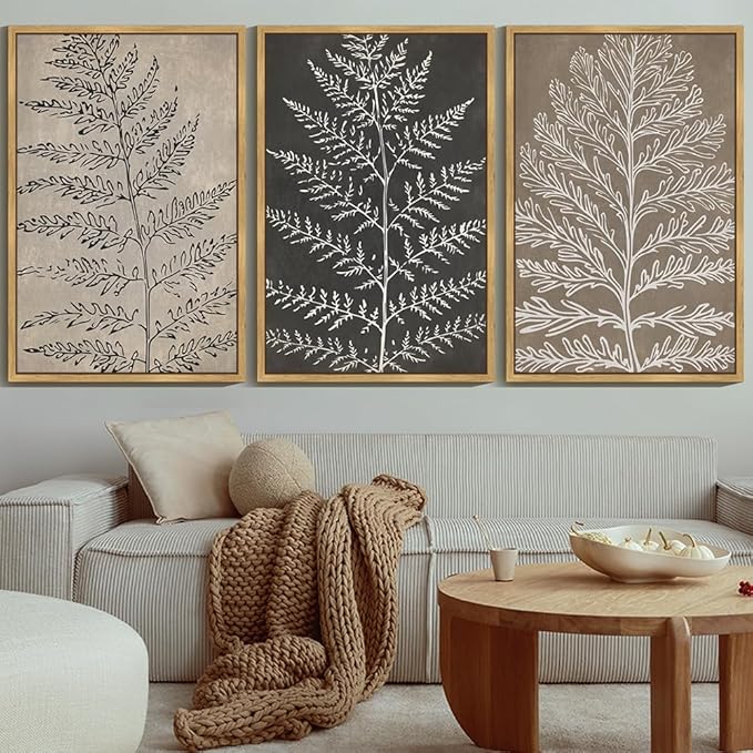 KUVIOKE Vintage Botanical Framed Wall Art Bohemian Tan Plant Leaf Wall Decor Nature Fern Plant Silhouette Wall Painting Home Decor 24x36in (Natural Framed)