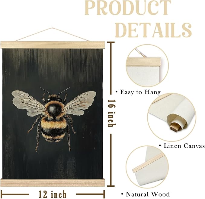 bitCNY Realistic Bee Wall Art – 12x16 Inch Vintage Insect Print, Nature Bumblebee Poster on Dark Background for Farmhouse or Botanical Décor