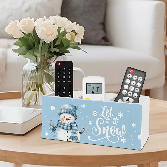 Blue Snowman Christmas Pen Pencil Holder Organizer for Desk Accessories, Snow Winter Christmas Wooden Box Sign Desk Decor for Home Office Decoration