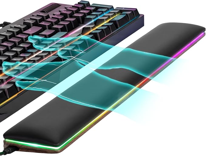 ASFSKY RGB Keyboard Wrist Rest, Ergonomic Memory Foam Wrist Pad with PU Leather & Wooden Base, Non-Slip and Easy-to-Clean Design, RGB Wrist Support for Mechanical Keyboard, Gaming & Office Use