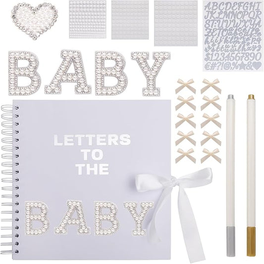 BINBE 8 x 8 Inch Letters to The Baby Scrapbook DIY Blank Paper Album Memory Book for Kids Sign with Pearl Scrapbook Photo Stickers, Metallic Letters, Bows White