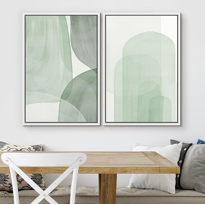 SIGNWIN Framed Canvas Print Wall Art Set Pastel Watercolor Green Polygon Collage Abstract Shapes Illustrations Modern Art Minimal Boho Colorful for Living Room, Bedroom, Office - 24"x36"x2 White