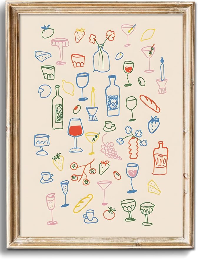 Uniro Vintage Kitchen Wall Art Print, Retro Dinner Table Prints Canvas Painting, Minimalist Food and Drinks Illustrations Poster, Maximalist Kitchen Gallery Wall Art for Apartment Decor, Bar Cart Art Print Decor - 8"x10"