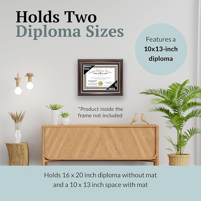 Creative Picture Frames 10x13 Mahogany Gold Rim Diploma Frame with Black Mat Glass Easel and Installed Wall Hangers | Frame Holds 11x14 Media without Mat