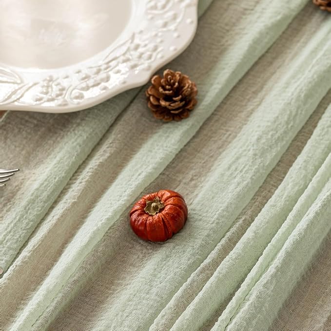 Keketoarrange Sage Green Spring Easter Cheesecloth Table Runner 120 Inch 10 FT Rustic Boho Cheese Cloth Runner for Wedding Baby Shower Bridal Shower Sheer Gauze Centerpiece Home Decorations