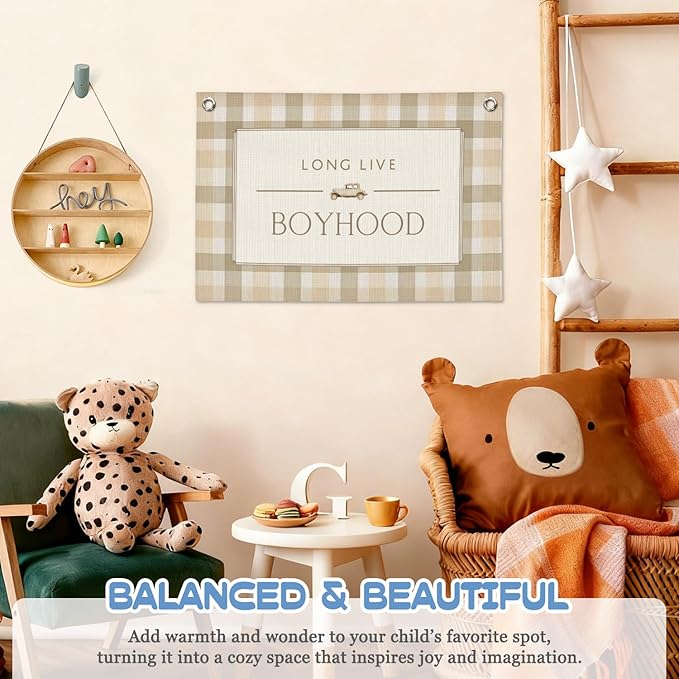 Vintage Long Live Boyhood Boys Room Decor Wall Art,Car Room Decor Linen Banner Print Wall Hanging for Toddler Dorm Playroom Nursery 30X20 Inch