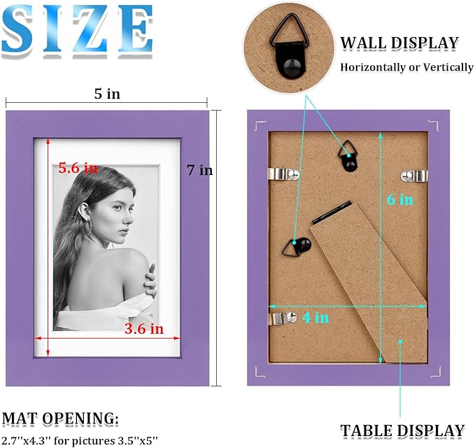 Egofine 4x6 Picture Frames 4PCS Covered by Plexiglass for Picture 3x4.5 and 3.5x5 with Mat or 4x6 whitout Mat Made of Solid Wood for Table Top Display and Wall Mounting Photo Frame, Purple