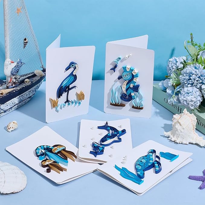 WEBEEDY 20 Sets Paper Quilling Kit for Adults Beginners 5 Styles Sea Animals Quilling Greeting Card Making Kit with Instruction DIY Turtles Dolphins Flamingos Jellyfish Seahorses Cards for Birthday