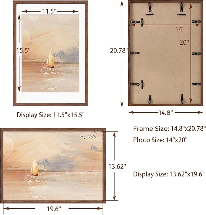 Fun Memories 14x20 Picture Frame, Solid Oak Wooden 14"x20" Photo Frame for Wall, 14 x 20 Frame Matted to 12 x 16, Tempered Real Glass, 14 x 20 Collage Gallery Frames (Walnut Color, 1 Pack)