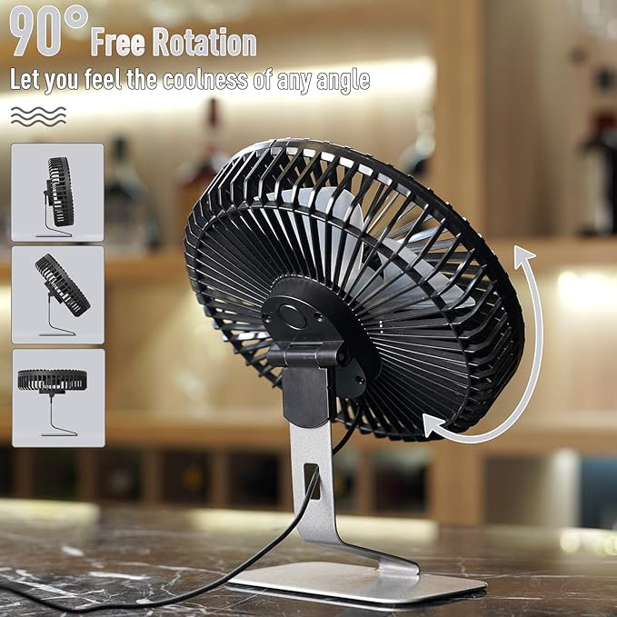 SLENPET 6 inch USB Desk Fan, 4 Speeds, Ultra-quiet, 90° Adjustment for Better Cooling, Portable Mini Powerful Desktop Table Fan, Small Personal Fan for Home Office, Metal Base, Silver