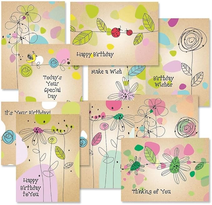 Current Kraft Blossoms Happy Birthday Greeting Card Set - Value Pack of 20 Cards With White Envelopes, 10 Designs, Large 5" x 7" Assortment