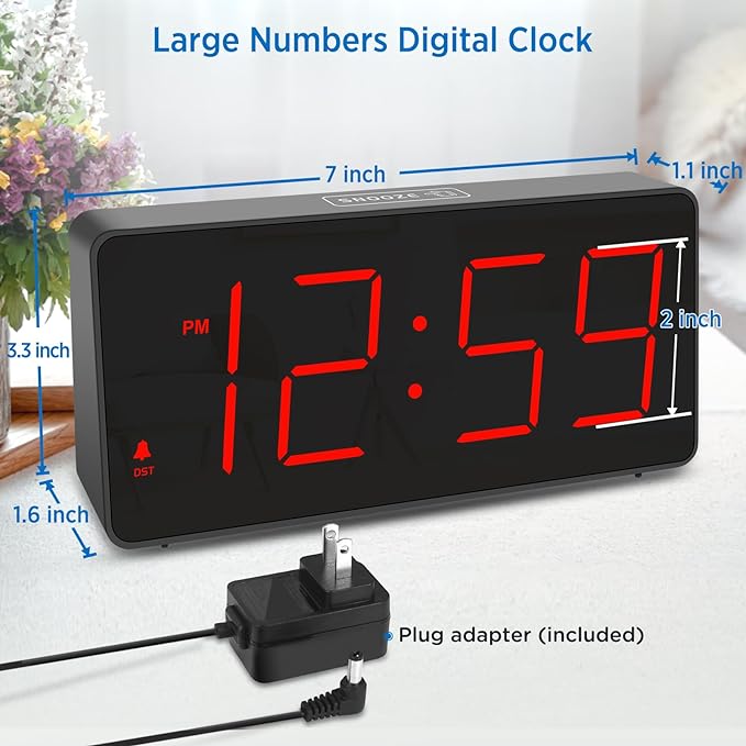 Peakeep Digital Clock, Alarm Clock for Bedrooms with USB Charger Port - Large Big Numbers 5 Brightness for Seniors, Battery Backup, Loud Alarm 5 Volums (Black with Red Digits)