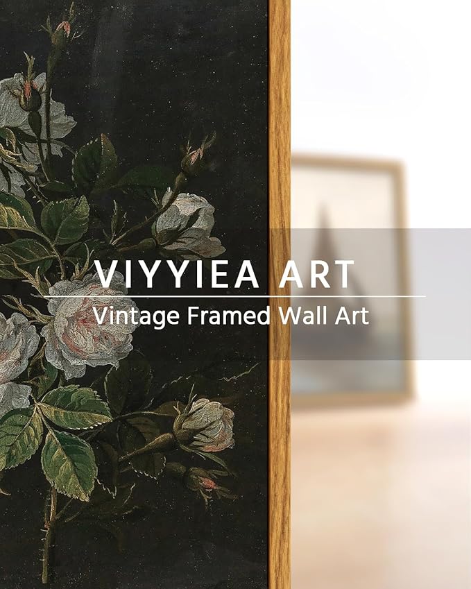 VIYYIEA Vintage Framed Wall Art, Retro Floral Paintings Art Decor Aesthetic, Canvas Print Artwork, Classical Flower Wall Pictures for Bedroom Living Room Fireplace Shelf, 12x16 Inch
