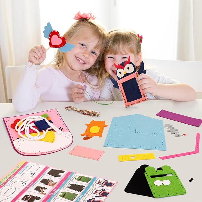 Easy Arts and Crafts for Kids - My First Sewing Kit for Kids Beginner, 5 DIY Projects for Girls Boys Age 4,5,6,7,8 with animal Dolls and Plush Pillow Craft, Learn to Sew, Embroidery, Valentines Gifts