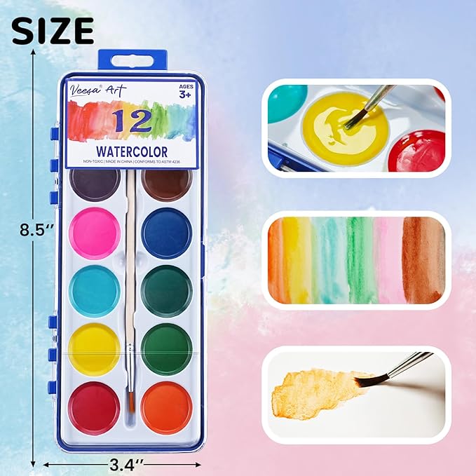 12 Pack Watercolor Paint Set for Kids, 12 Color Washable Water Color Paint, Woodbrushes Included, Christmas Gift