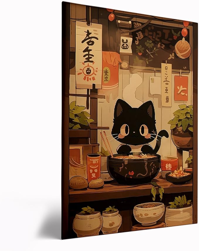 Noodle Black Cat Poster,Tonkine Cat Print,Edo Period Ramen Noodles Art,Ramen Stall Print,Vintage Ramen Print,Japan Black Cat Poster,Eating Hungry Cat For,Kitchen Wall Art12x16 Framed
