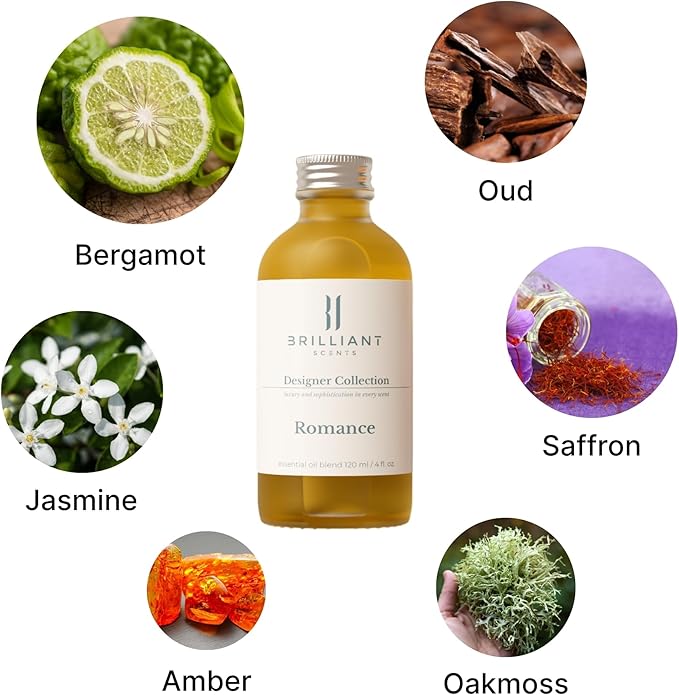 Brilliant Scents Romance Fragrance Oil 200ml - Premium Diffuser Oil for Home, Office, Hotels - Long Lasting, Plant-Based, Meets IFRA Standards, USA-Made - Saffron, Jasmine, Amber