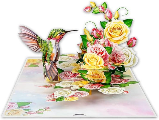 Greeting Card Green Hummingbird with Roses 3D Pop-Up Cards Handmade Birthday Flower Gift for Women, Mom, Wife, Men 6x8 Inches Aniversary Wedding Christmas Gifts Floral Thank you Envelope