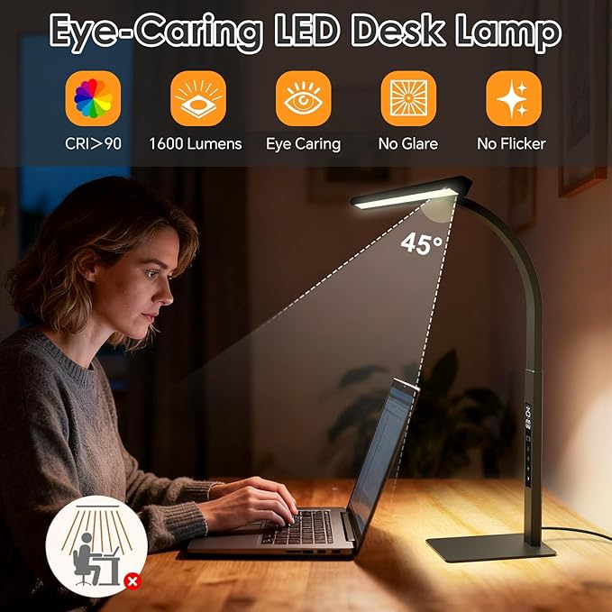 LED Desk Lamp for Office Home: Desk Light with Base 25 Min Pomodoro Timer, Clock LCD Display - 5 Color Stepless Dimming Adjustable Flexible Gooseneck, Lighting Table Lamp for Reading Study Drafting