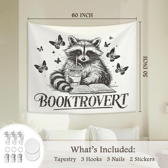 STHTTSW Reading Tapestry, Classroom Booktrovert Raccoon, Bookish Wall Hanging Decor for Dorm Bedroom 50x60 Inch