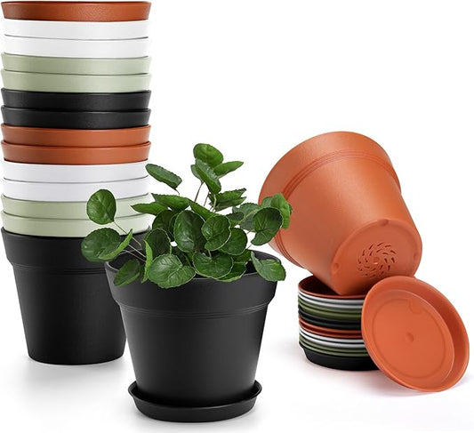 16 Pack Plastic Plant Pots with Drainage Holes and Tray, 4 inch Thickened Indoor Planters Seedlings Nursery Pots for Flowers, African Violet, Succulent and All House Plants, Colorful