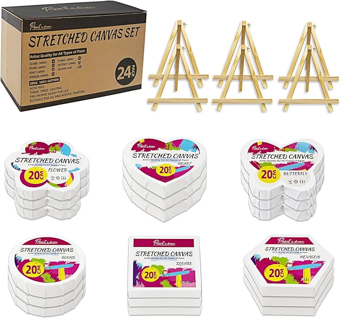 24 Packs 20cm Stretched Canvases for Painting, Various Shapes Square, Plum Blossom, Heart Shape, Circular, Butterfly, Hexagonal, Primed Blank Canvas for Oil, Acrylic Paint & Other Painting Media