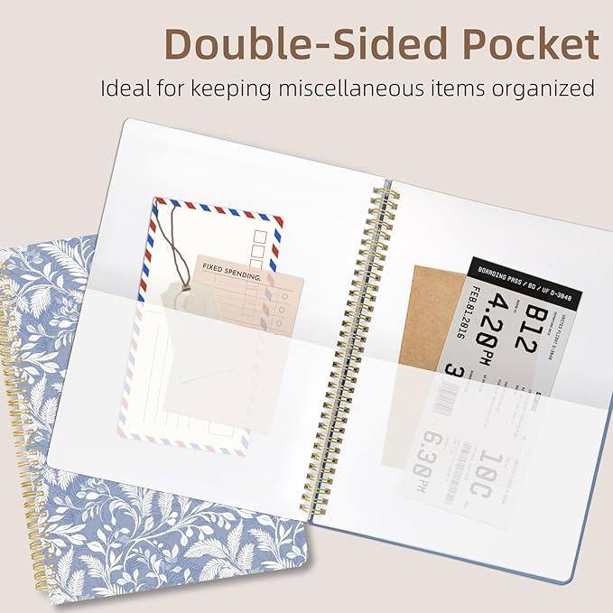 Cute Spiral Notebook journal A4 Aesthetic Pretty Design for Women Girls Kawaii with Pocket, 8.5 x 11 inch, Graph, Blue Leaves