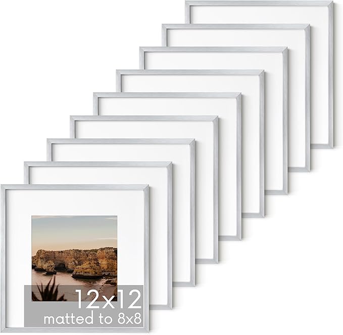 HAUS AND HUES 12x12 Silver Metal Picture Frames Matted to 8x8 - Premium Aluminum with Hanging Hardware, Shatterproof Plexiglass - Ideal for Home or Office (12x12 in, Silver, Set of 9)