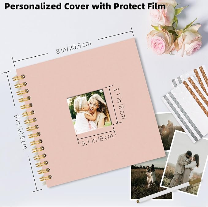 Vienrose 8 x 8 Inch Scrapbook Album Gift Set, Linen Hardcover Photo Book with 40 White Pages, DIY Memory Book Kit with Accessories for Wedding, Baby Shower, Travel, Christmas (Pink, 20 Sheets)
