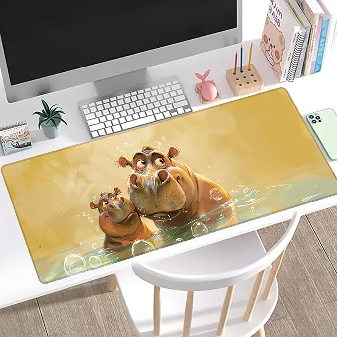 Cartoon Hippo Gaming Mouse Pad, Office Desk Mat, Anti-Slip Rubber Base Cool Aesthetic Mouse Pads for Computer Laptop Keyboard School Home Desktop Gamer Home Accessories Decor 31.5" x 11.8"