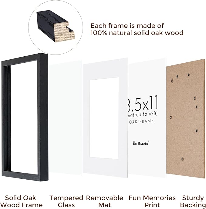 Fun Memories Solid Oak Wood Frame 8.5x11 With Real Glass - Display Poster 6x8 With Mat or 8.5x11 Without Mat - Wall Display Photo Frames, Black Color, 3 Pack