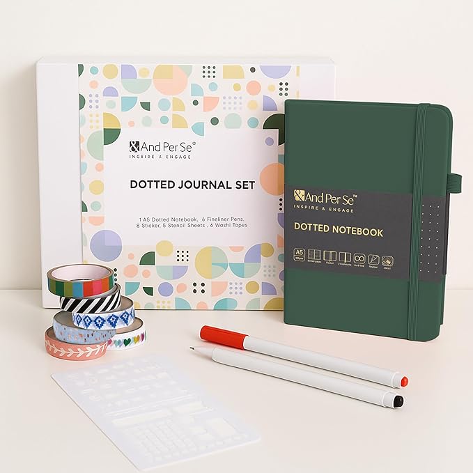 &And Per Se Bullet Dotted Journal Kit, A5 Hardcover Dotted Journaling Set (Green), 6 Fineliner Pens, 8 Sticker & 5 Stencil Sheets, 6 Washi Tapes with Giftable Box