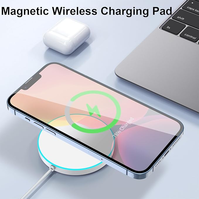 for MagSafe Charger with LED, 15W Magnetic Wireless Charging Pad for iPhone 17 16 15 14 13 12 Air Pro Max Plus mini/AirPods 2 3 Pro, Slim Portable Strong Magnet Quick Charger, Dual USB-C/A Ports-White