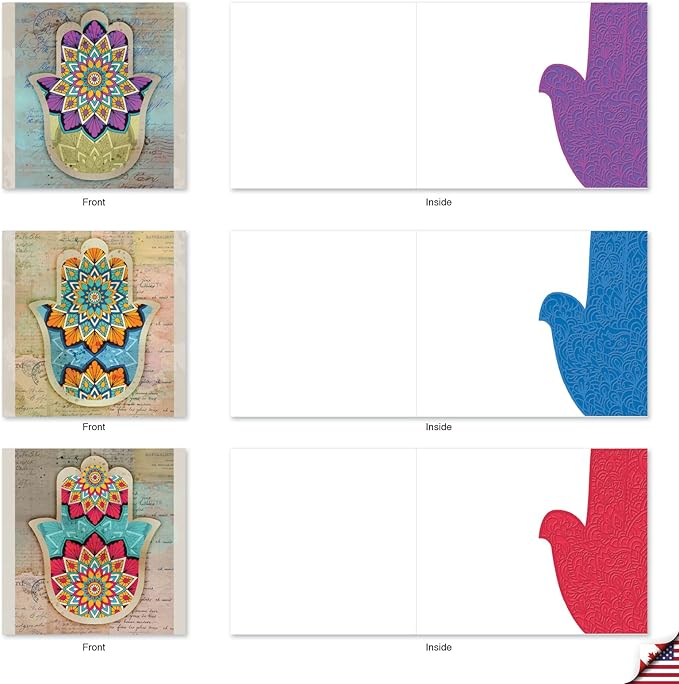 The Best Card Company - 10 Blank Note Cards Assortment for Men and Women (4 x 5.12 Inch) - Zen Patterns and Symbols, Bulk Boxed Set - Hamsa MQ5204OCB-B1x10