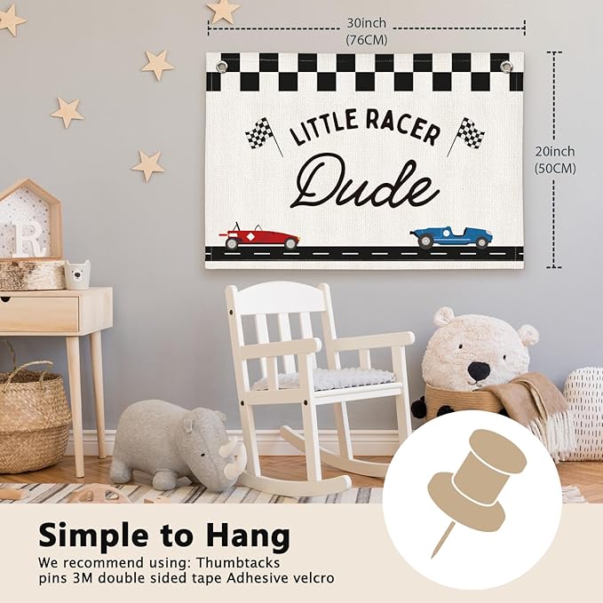 Little Racer Dude Black and White Checkered Boys Room Decor - Linen Banner Wall Hanging Canvas Banner Flag Decor for Toddler Boy Bedroom Nursery Playroom