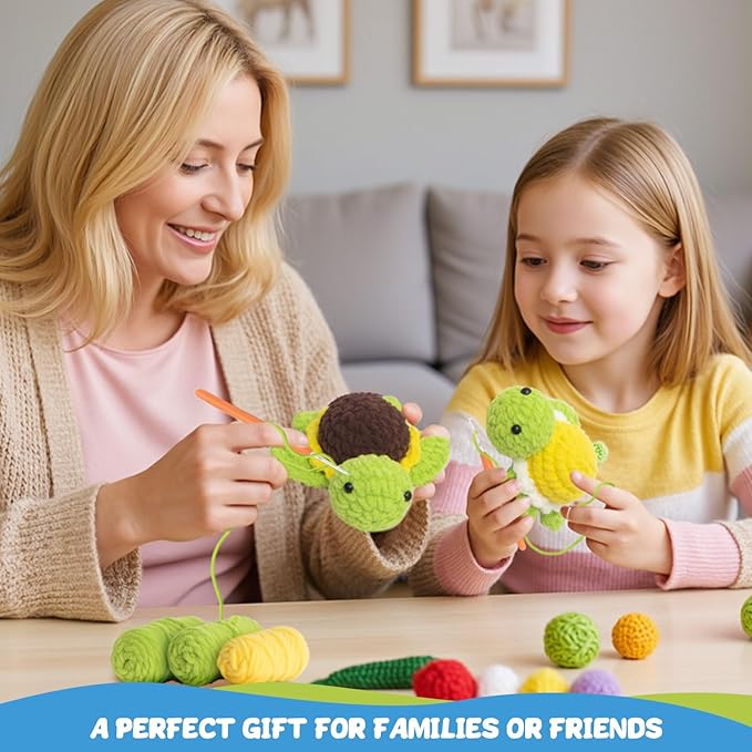 POP COCHE Crochet Kit for Beginners, Crochet Starter Kits for Adults, Amigurumi Craft Knitting Crochet Animal Kit with Step-by-Step Video Tutorials, 5 Fruite Turtles (40%+ Yarn)