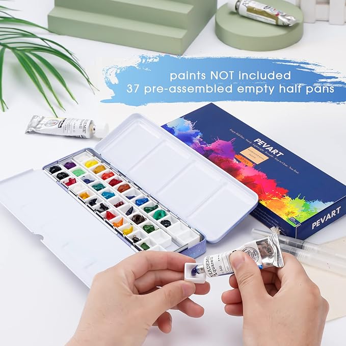 PEVART Empty Watercolor Paint Palette,Metal Box Mixing Palette Case with 37 Water Color Half Pans and Fold-Out Palette Tin Paint Tray Travel Watercolor Set,Acrylic,Gouache, Oil Painting