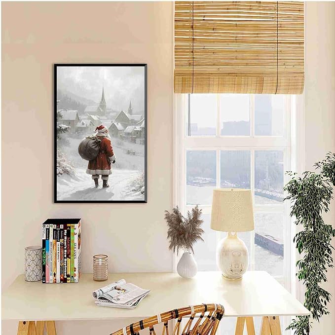 Framed Canvas Wall Art Vintage Santa Claus Wall Art Farmhouse Christmas Print Festive Holiday Home Decor Santa Claus Painting 16x24in Metal blackFramed