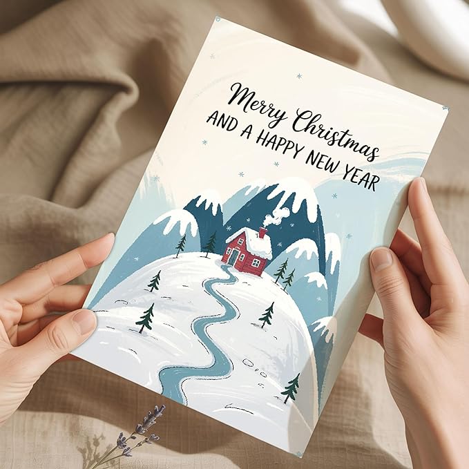 (5.3x8in) Merry Christmas and a Happy New Year Card, Cozy Winter Cabin in Snowy Mountain Design, Classic Holiday Greeting for Family, Friends, Coworkers, or Neighbors Card with Envelope (Xmas New)