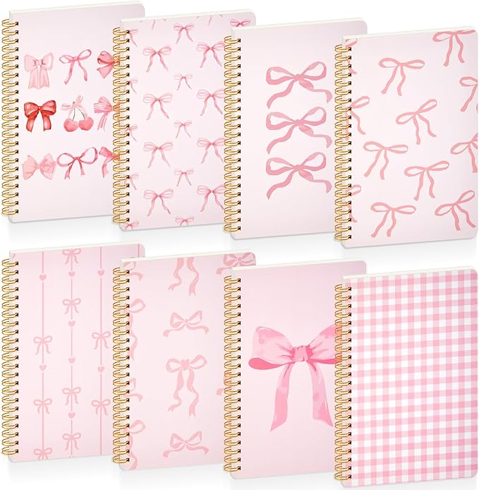 8 Pack Pink Bow Spiral Notebooks, Cute Coquette Preppy Journal A5 Aesthetic Notebook Christmas Gifts for Women, Ruled Bowknot Coquette Stuff Pink Bow Bible Journal 5.5 x 8.3 Inch