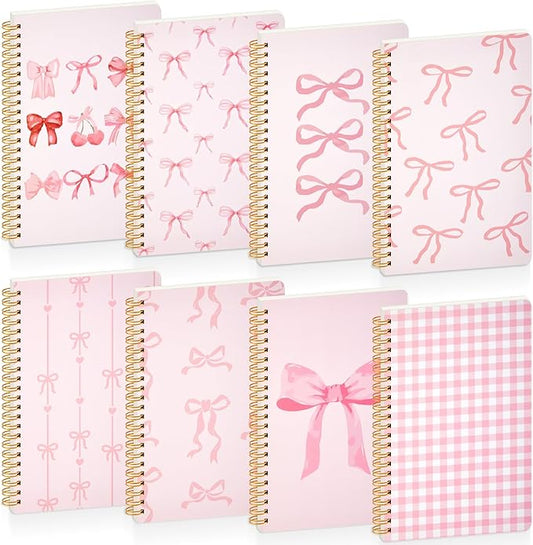 8 Pack Pink Bow Spiral Notebooks, Cute Coquette Preppy Journal A5 Aesthetic Notebook Christmas Gifts for Women, Ruled Bowknot Coquette Stuff Pink Bow Bible Journal 5.5 x 8.3 Inch